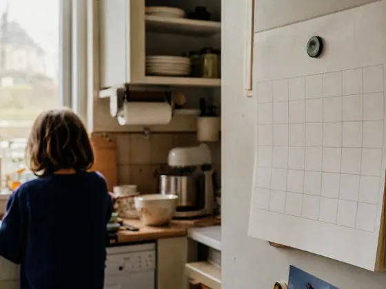 calendar on a fridge, morning kitchen