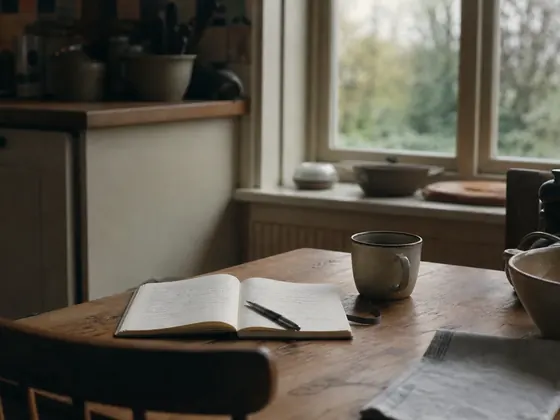 notebook and pen, kitchen table, morning