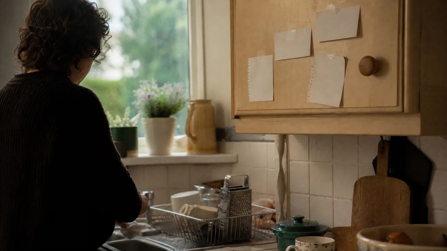 notes stuck to a kitchen cupboard