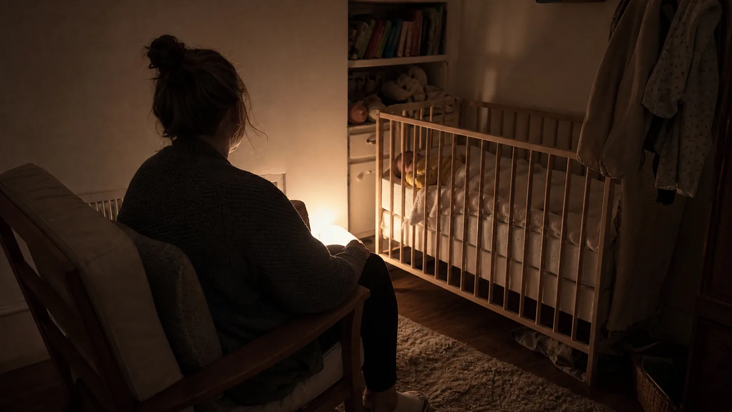 nursery chair beside a cot, dim lamp