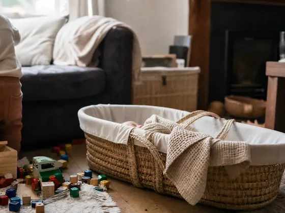 toddler and a moses basket, living room