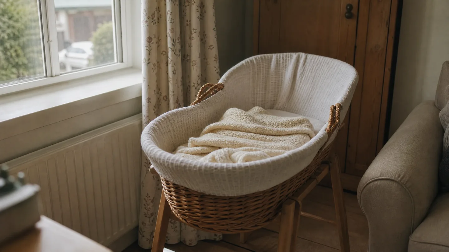 moses basket, morning light through a window