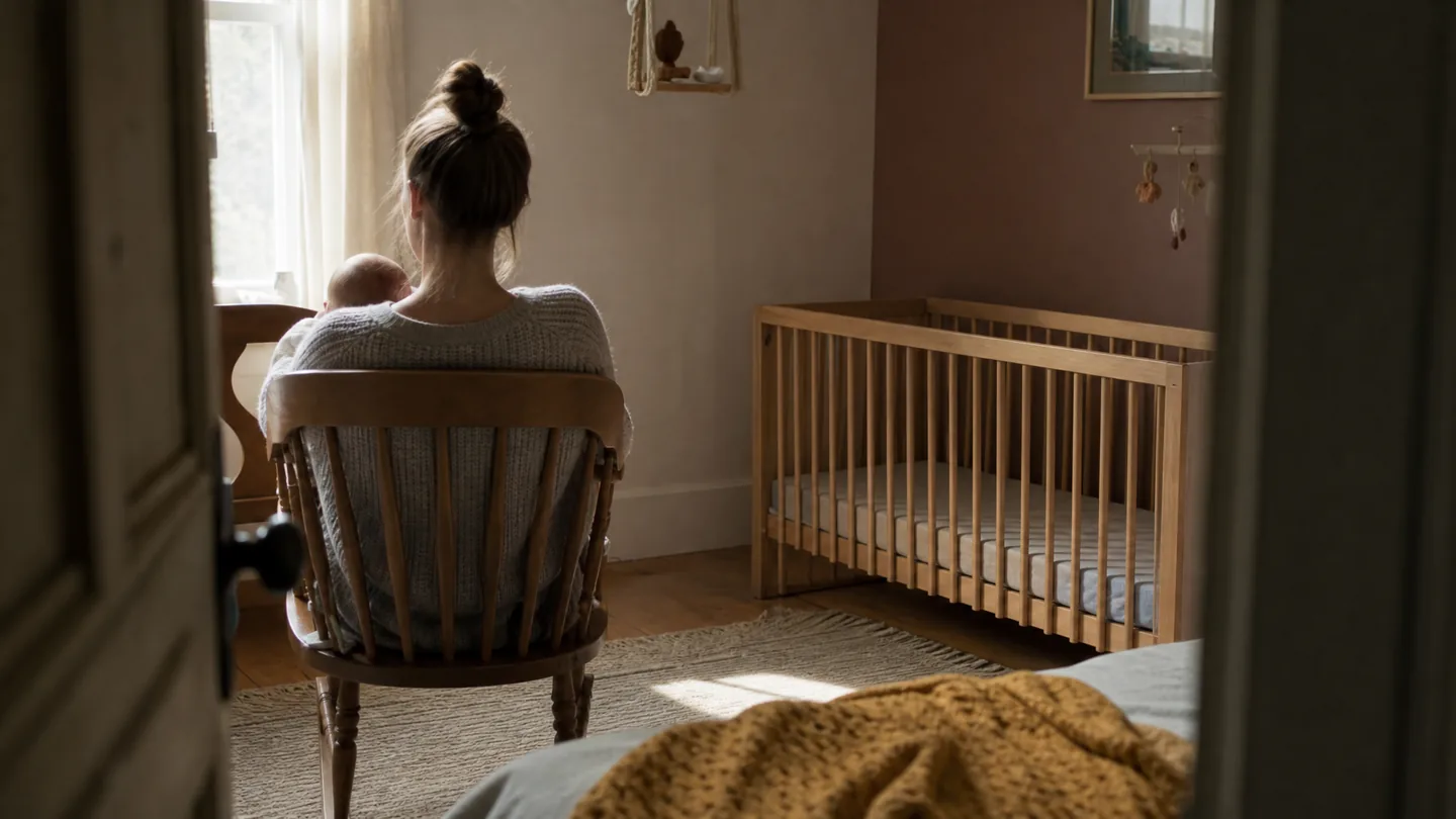 nursery with an empty cot, afternoon light