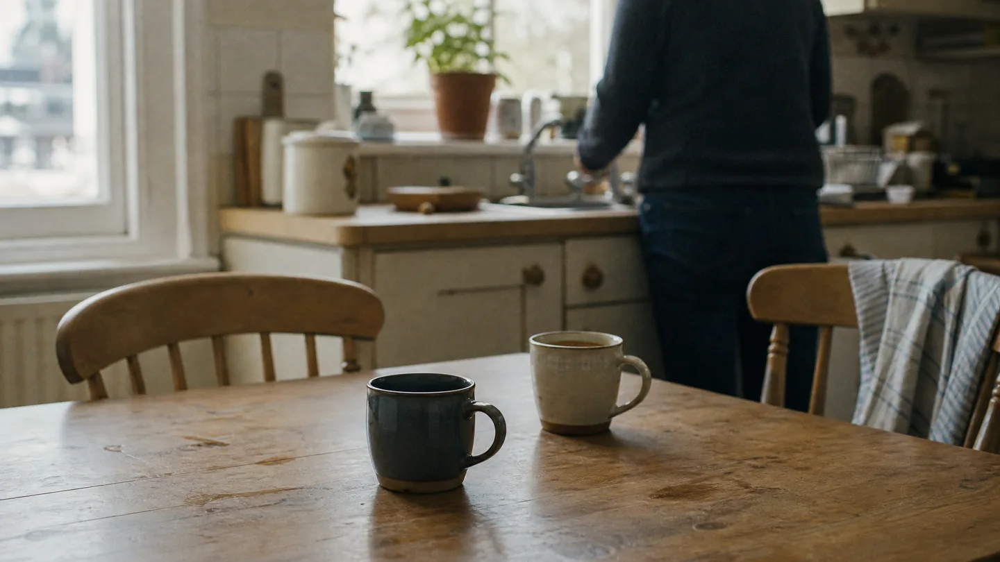 two mugs on a table, morning light