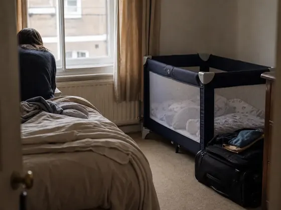 travel cot set up in a holiday bedroom