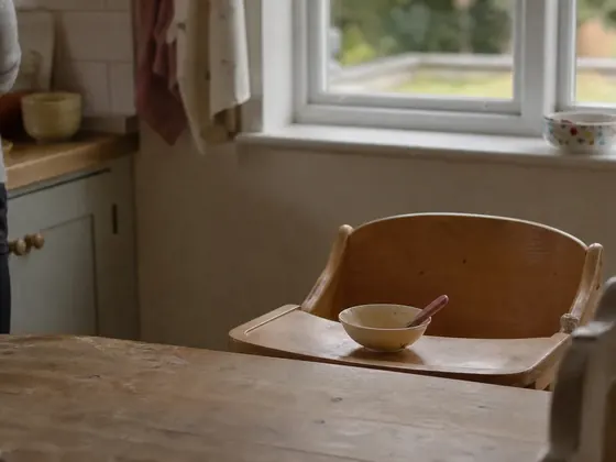lunch table, high chair, midday light