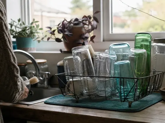 kitchen clock, bottle drying on the rack