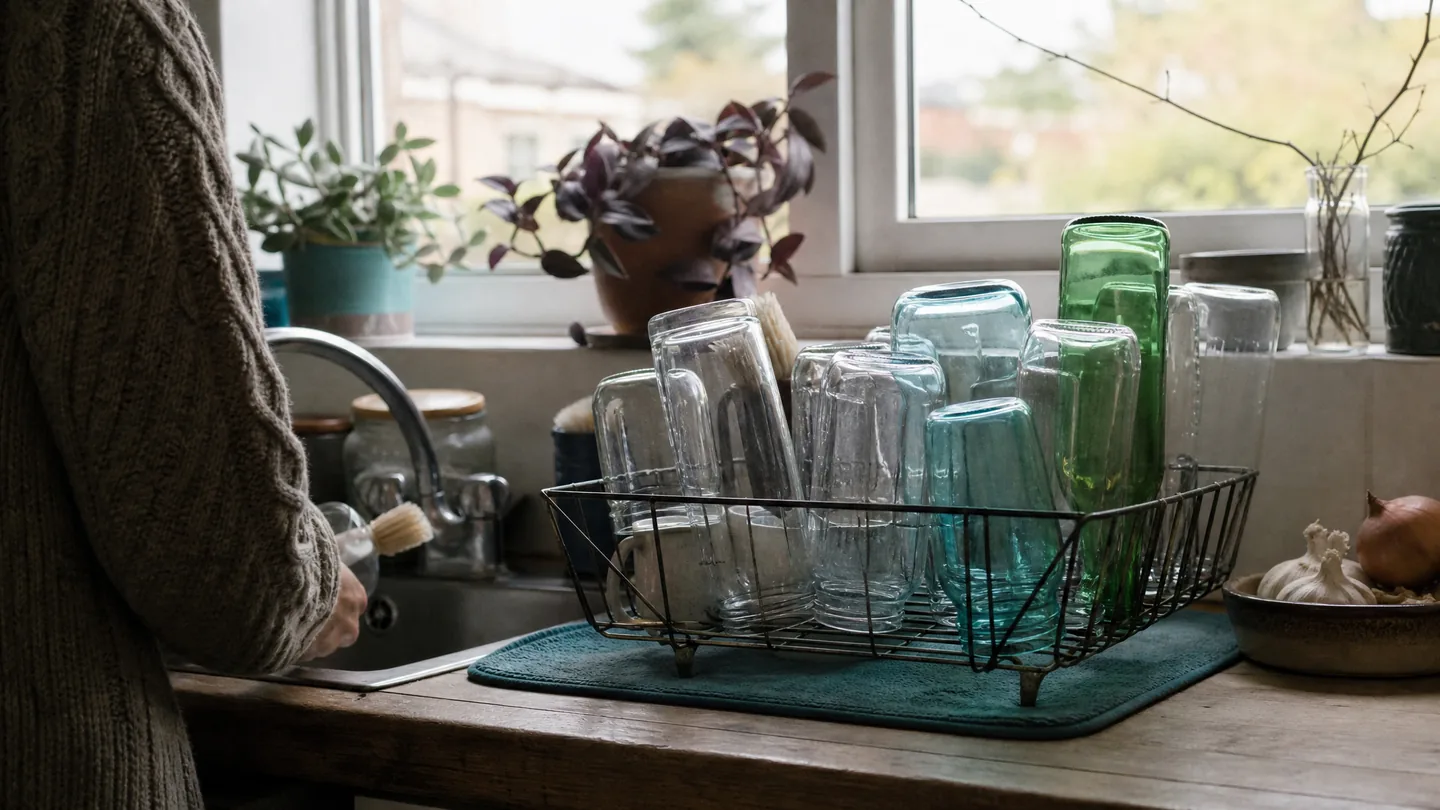 kitchen clock, bottle drying on the rack