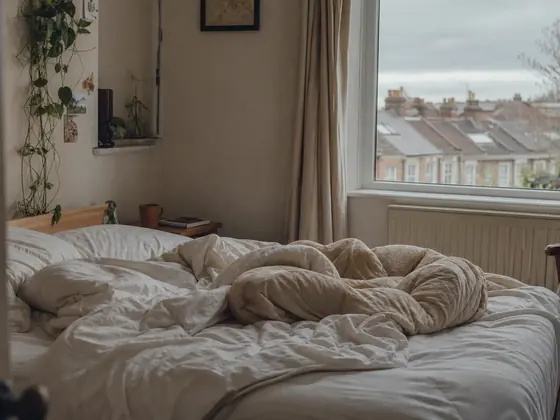 bed, unmade, daylight