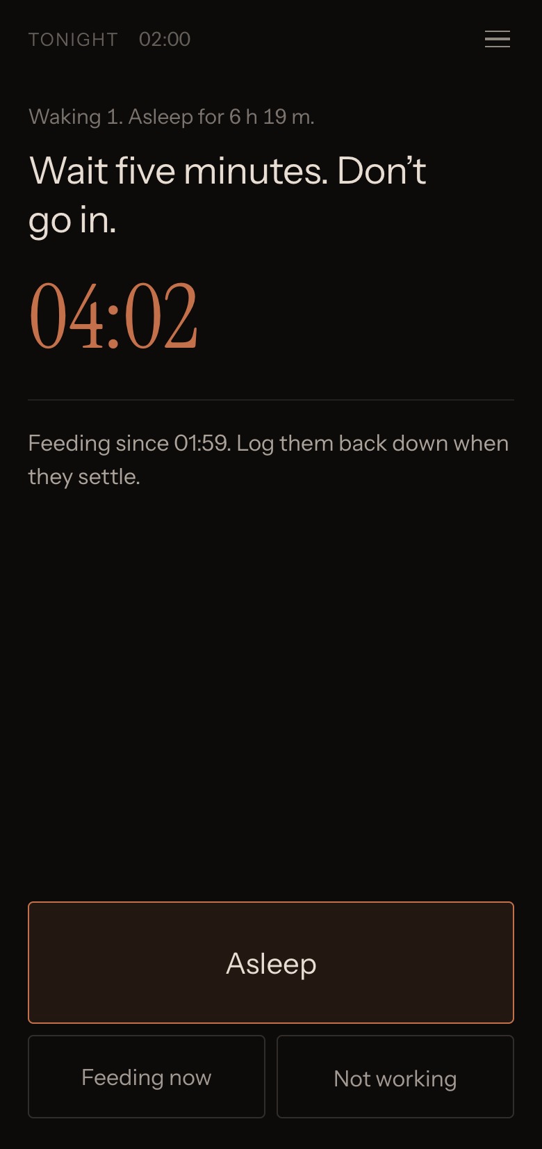 The night screen at two in the morning, with one tap to log a waking